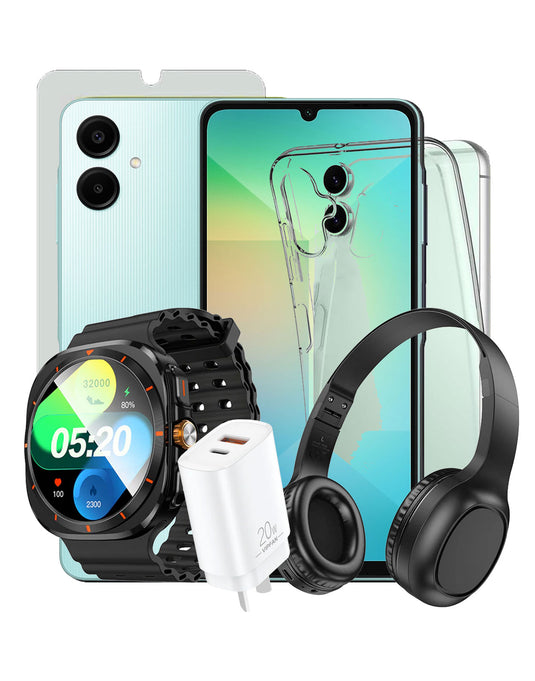 Samsung Galaxy A06 (2024) 4GB 64GB 4G Dual Sim (Brand New) + Bluetooth Headset W46 + Smart Sports Watch (Y29) + VFan Charger (AU6) (Bundle Deal)