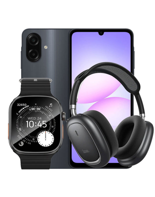 Samsung Galaxy A07 4GB 128GB 4G - Black (Brand New) + Bluetooth Headset (W55 PLUS) + Smart Watch (Y42 Ultra) (Bundle Deal)