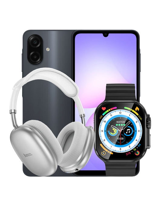 Samsung Galaxy A07 (2025) 4GB 64GB 4G Dual Sim - Black (Brand New) + Smart Watch (Y23 Ultra) + Bluetooth Headset (W55 Plus) (Bundle Deal)