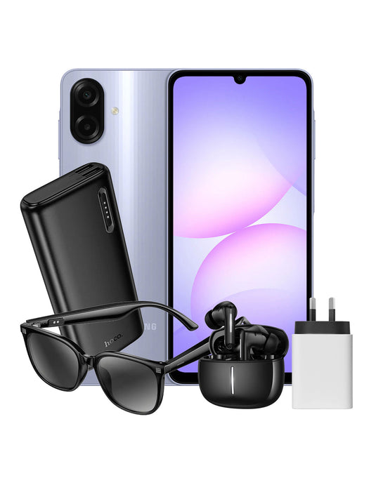 Samsung Galaxy A07 (2025) 4GB 64GB 4G Dual Sim - Light Violet (Brand New) + Power Bank (J158A) + TWS Earbuds (EQ34 Plus) + Power Charger + Sunglasses (DI87 Max) (Bundle Deal)