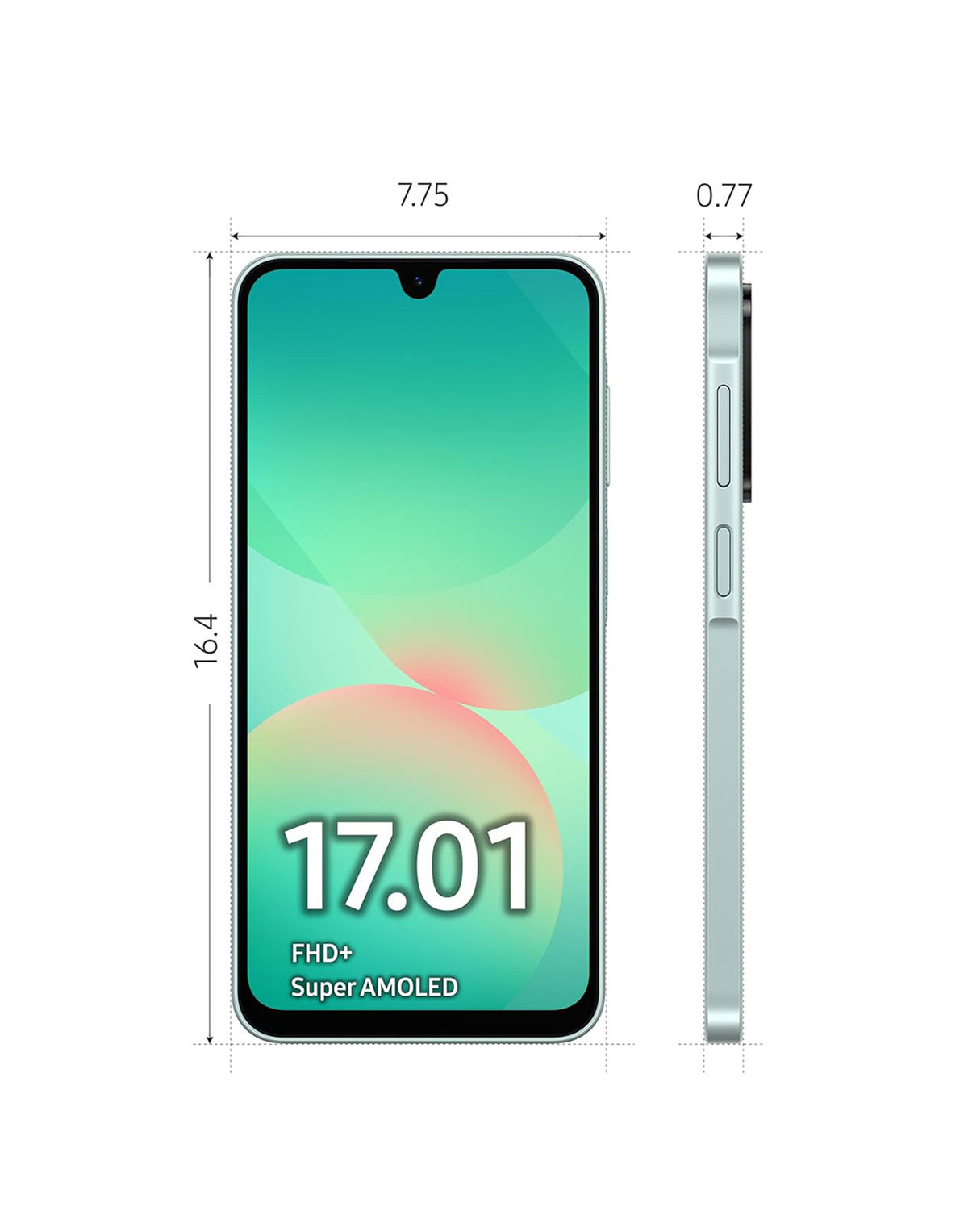 Smartphone with dimensions displayed on a white background