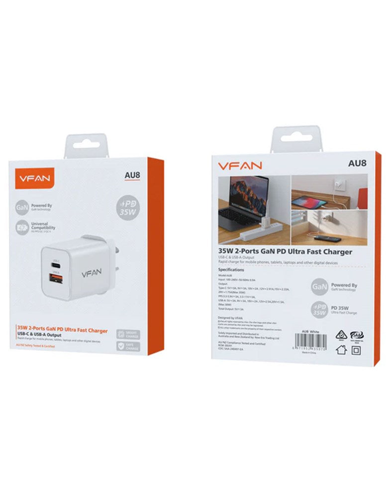 VFan Ultra Fast Charger USB-C & USB-A 35W (AU8) - White