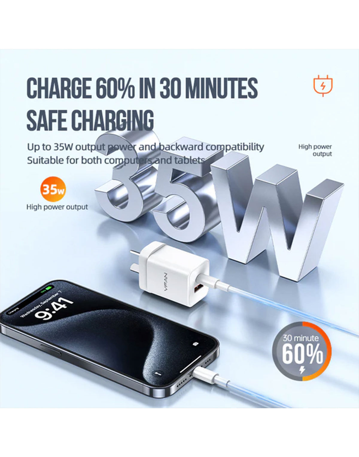 VFan Ultra Fast Charger USB-C & USB-A 35W (AU8) - White