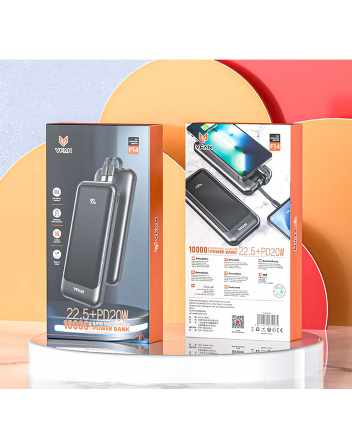 Vip Fan 22.5W PD+QC Power Bank w/ LED % Display, 2 Cables (10000mAh) (F14)