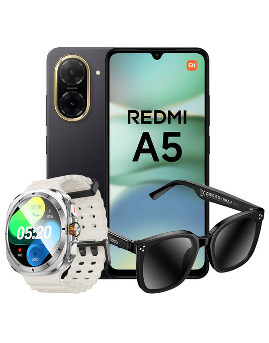 Xiaomi Redmi A5 (2025) 4GB 128GB 4G Dual Sim Smartphone - Midnight Black (Brand New) + Hoco Wireless Audio Sunglasses (DI87) + Smart Sports Watch (Y29) (Bundle Deal)