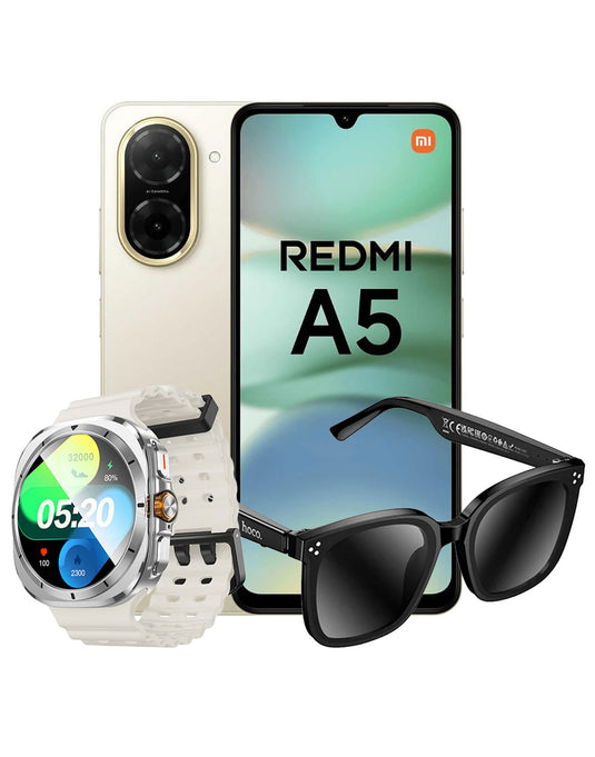 Xiaomi Redmi A5 (2025) 4GB 128GB 4G Dual Sim Smartphone - Sandy Gold (Brand New) + Hoco Wireless Audio Sunglasses (DI87) + Smart Sports Watch (Y29) (Bundle Deal)