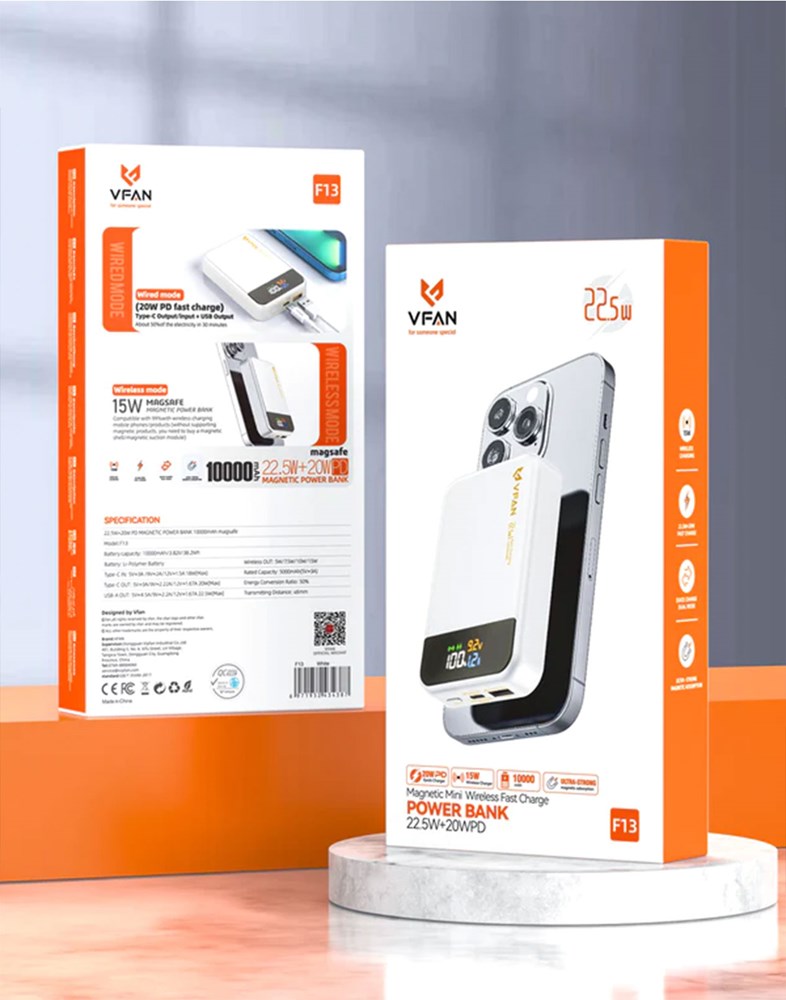 VIPFAN Magnetic PD 20W Wireless Charging Power Bank w/ LED % Display (10000mAh) (F13)